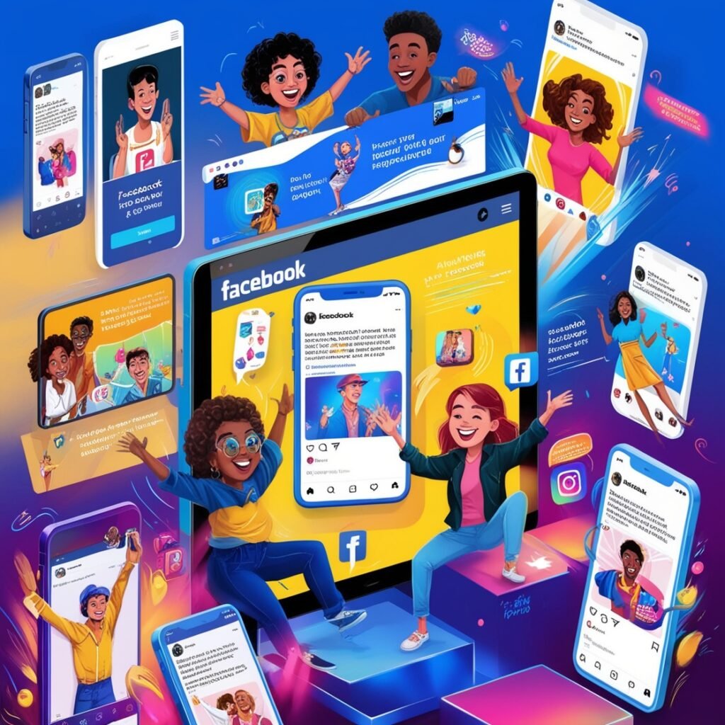 "Utilisateurs interagissant avec des publicités sur Facebook et Instagram, illustrant l'engagement et la promotion des produits sur les plateformes de réseaux sociaux."